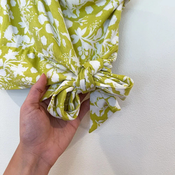 Free People Lime Floral One Shoulder Bohemian Preppy Side Tie Bow Top Blouse XS - Picture 3 of 8